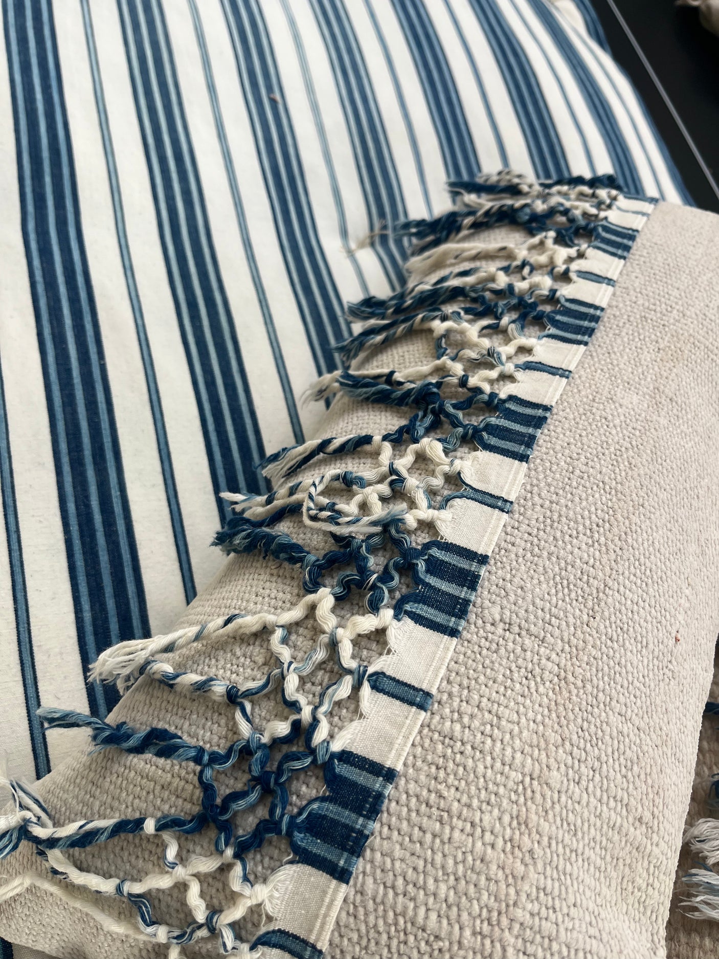 Hand tufted striped French Linen Topper with matching cushions
