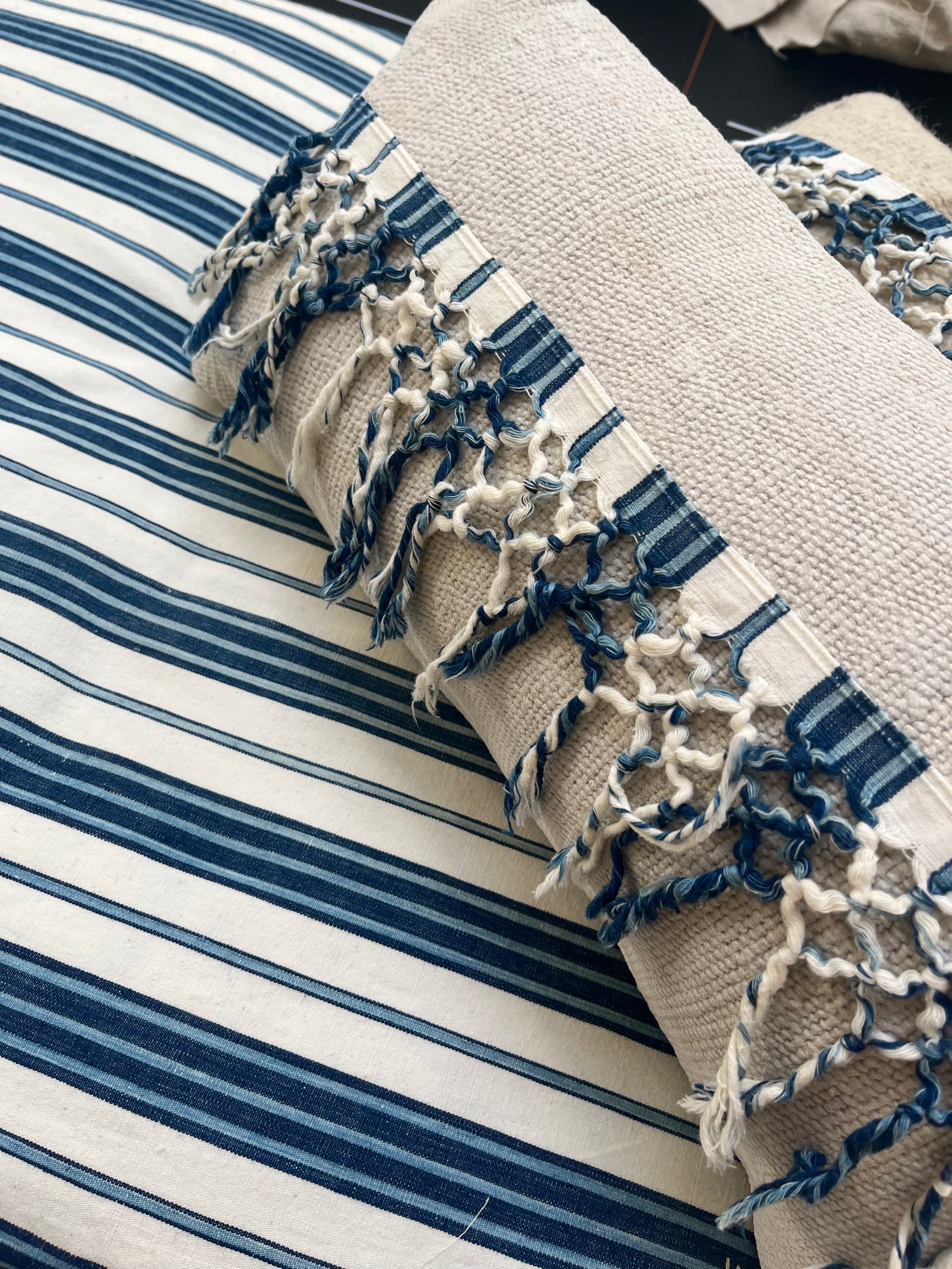 Hand tufted striped French Linen Topper with matching cushions