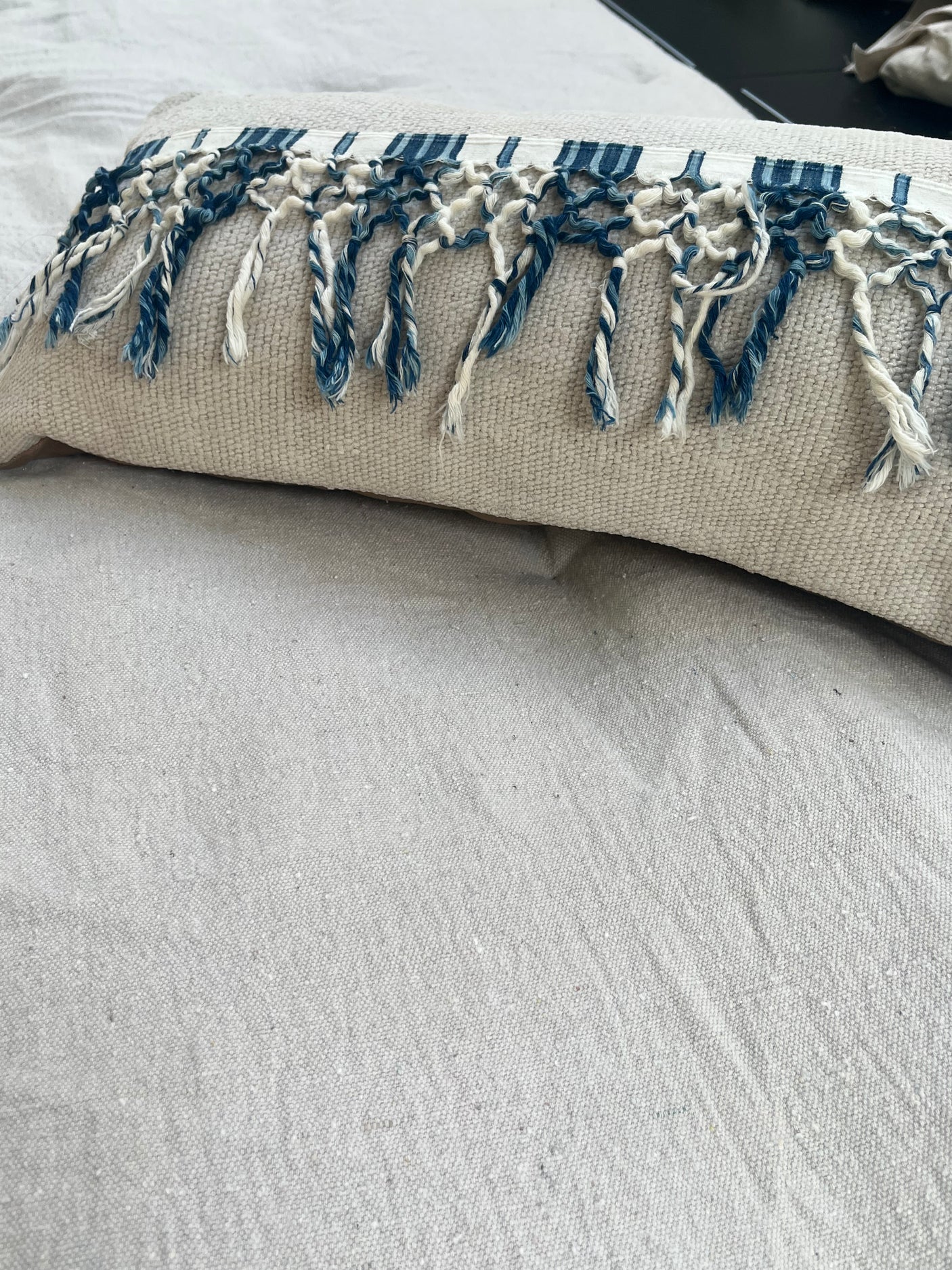 Hand tufted striped French Linen Topper with matching cushions